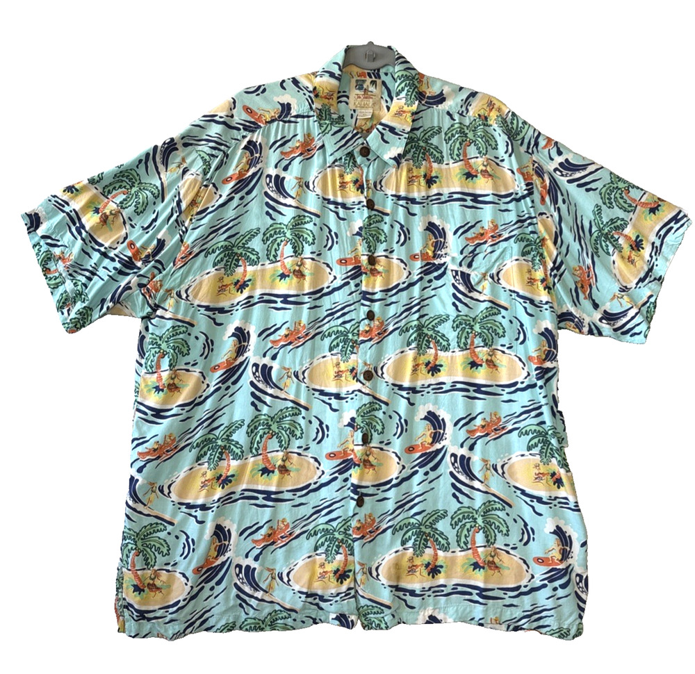 John Severson Kahala Men XL Hawaiian Shirt Tropical Aloha Made In USA Rayon Aqua